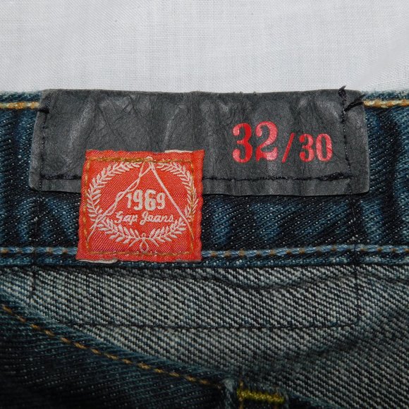 GAP 1969 Mens 32 x 28 Button Fly Loose Straight Fit Dark Worn Blue Jeans *READ* - Picture 4 of 9
